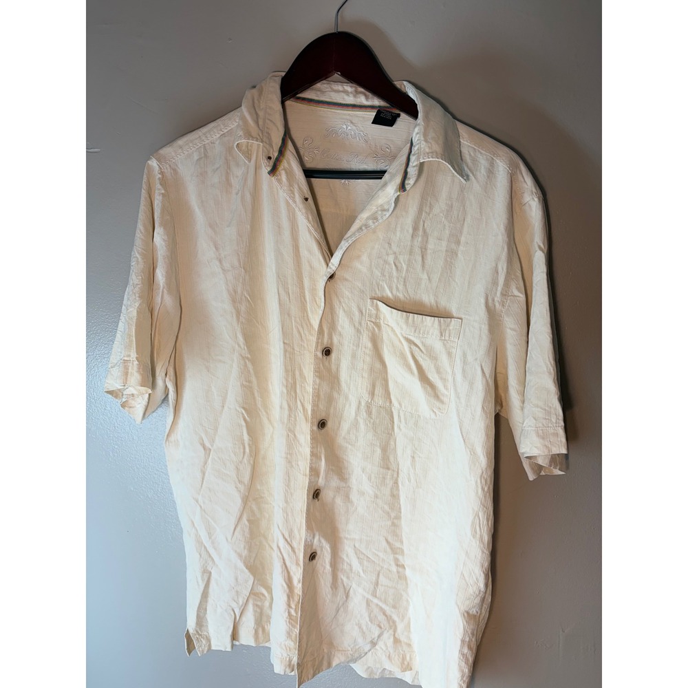 Cotton Reel Men 100% Silk Short Sleeve Button Down Shirt Cream Textured Stripe M